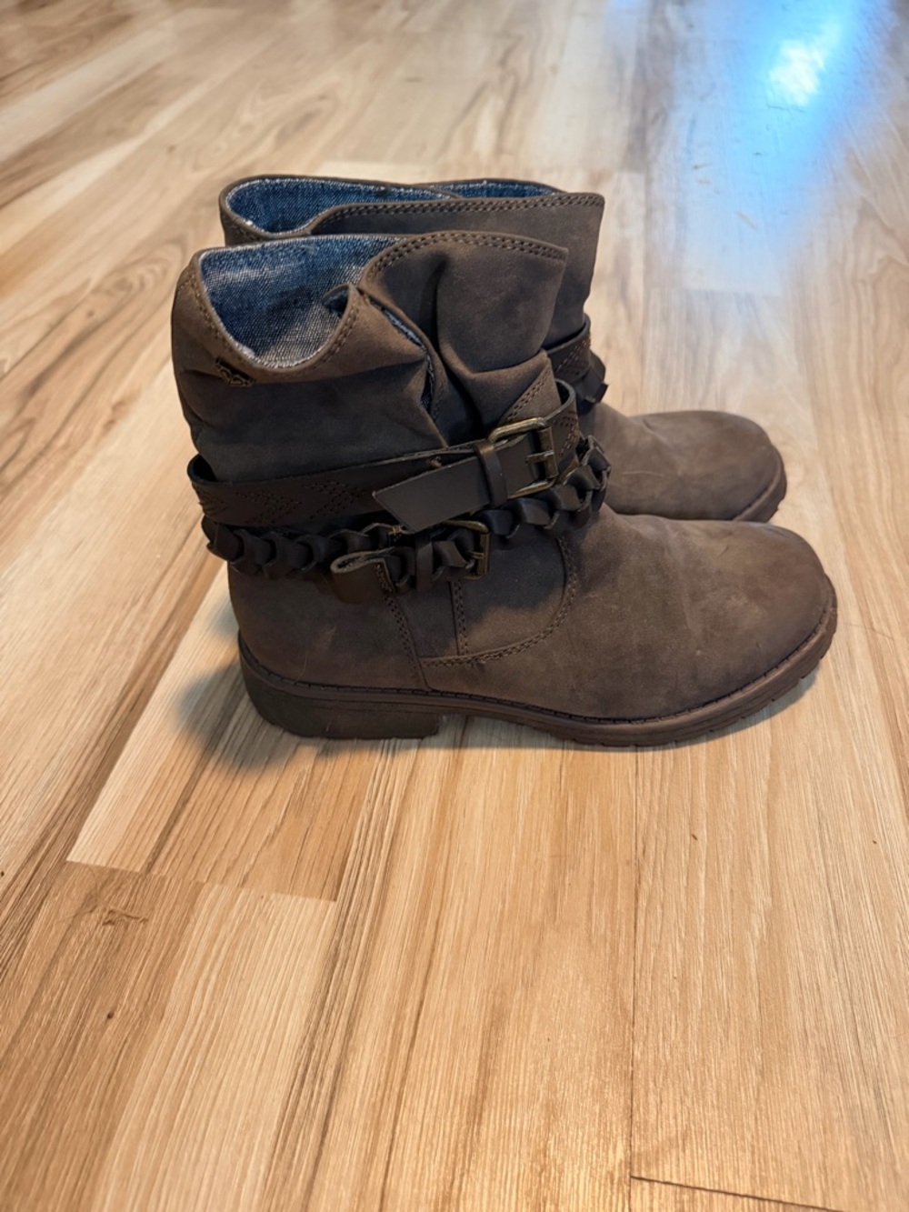 Roxy Brown Suede Ankle Boots with Braided Strap